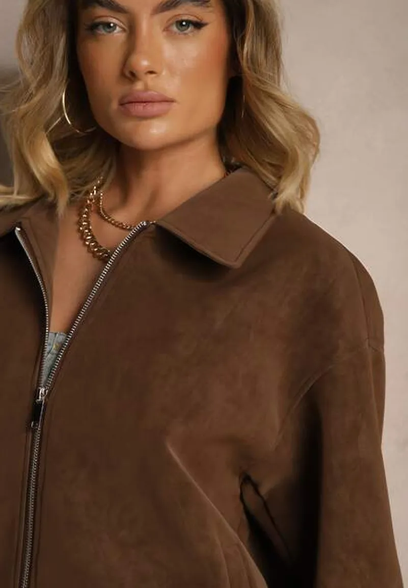 Ciemnobrązowa Kurtka z Wiskozą i Kołnierzykiem Naneleta