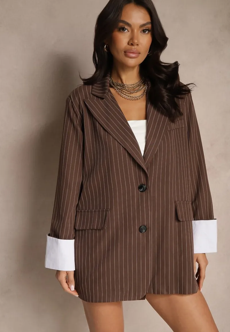 Ciemnobrązowa Marynarka Jednorzędowa o Pudełkowym Kroju w Pionowe Paski Eonevia