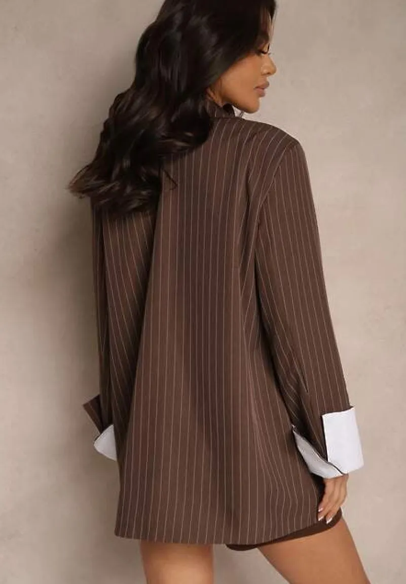 Ciemnobrązowa Marynarka Jednorzędowa o Pudełkowym Kroju w Pionowe Paski Eonevia