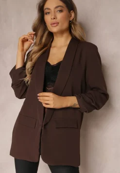 Ciemnobrązowa Marynarka Niezapinana z Marszczonymi Rękawami Orolea