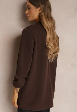Ciemnobrązowa Marynarka Niezapinana z Marszczonymi Rękawami Orolea