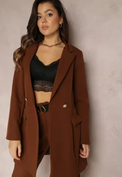 Ciemnobrązowa Marynarka Taliowana Dwurzędowa Swal