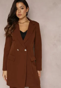Ciemnobrązowa Marynarka Taliowana Dwurzędowa Swal