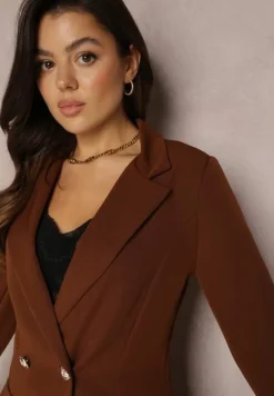 Ciemnobrązowa Marynarka Taliowana Dwurzędowa Swal