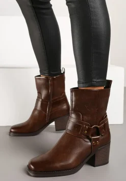 Ciemnobrązowe Botki na Słupku w Stylu Kowbojek z Klamrami Irivaria