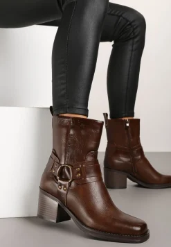 Ciemnobrązowe Botki na Słupku w Stylu Kowbojek z Klamrami Irivaria