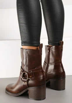 Ciemnobrązowe Botki na Słupku w Stylu Kowbojek z Klamrami Irivaria