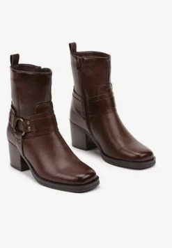 Ciemnobrązowe Botki na Słupku w Stylu Kowbojek z Klamrami Irivaria