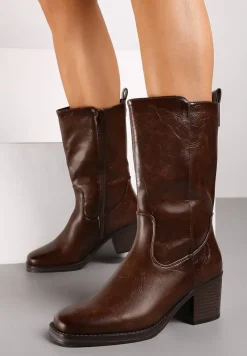 Ciemnobrązowe Casualowe Botki Sztyblety na Słupku Teralita