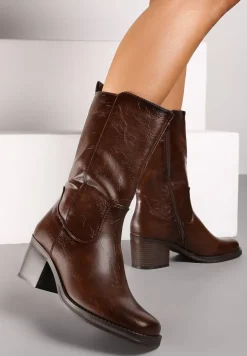 Ciemnobrązowe Casualowe Botki Sztyblety na Słupku Teralita