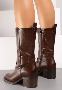 Ciemnobrązowe Casualowe Botki Sztyblety na Słupku Teralita