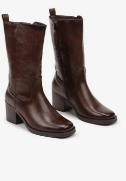 Ciemnobrązowe Casualowe Botki Sztyblety na Słupku Teralita