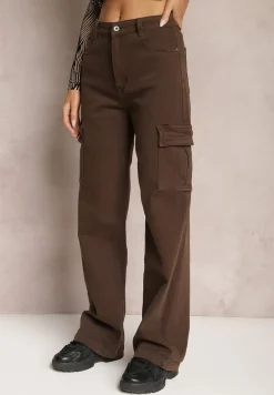 Ciemnobrązowe Jeansy Cargo High Waist z Kieszeniami Anora
