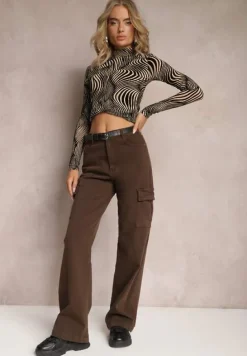 Ciemnobrązowe Jeansy Cargo High Waist z Kieszeniami Anora