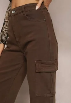 Ciemnobrązowe Jeansy Cargo High Waist z Kieszeniami Anora