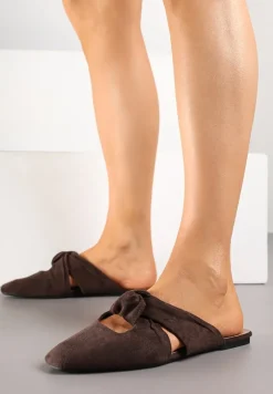 Ciemnobrązowe Klapki Vices Typu Mule z Ozdobnym Supłem Elitina