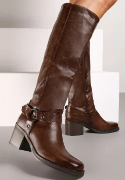 Ciemnobrązowe Kozaki na Obcasie w Stylu Bikerów z Okrągłą Klamrą Eziella