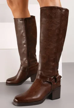 Ciemnobrązowe Kozaki na Obcasie w Stylu Bikerów z Okrągłą Klamrą Eziella
