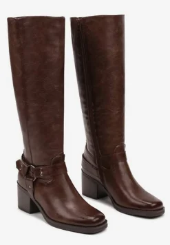 Ciemnobrązowe Kozaki na Obcasie w Stylu Bikerów z Okrągłą Klamrą Eziella