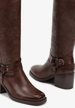 Ciemnobrązowe Kozaki na Obcasie w Stylu Bikerów z Okrągłą Klamrą Eziella