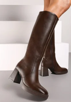 Ciemnobrązowe Kozaki na Słupku z Lekkim Ociepleniem Ansilaria