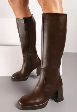 Ciemnobrązowe Kozaki na Słupku z Lekkim Ociepleniem Ansilaria