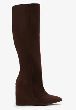 Ciemnobrązowe Kozaki przed Kolano na Koturnie ze Szpiczastym Noskiem Tarbina