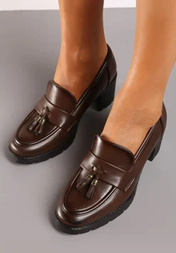 Ciemnobrązowe Półbuty Mokasyny na Słupku Ozdobione Frędzlami Arfocca