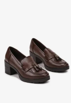 Ciemnobrązowe Półbuty Mokasyny na Słupku Ozdobione Frędzlami Arfocca