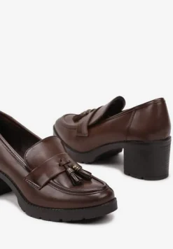 Ciemnobrązowe Półbuty Mokasyny na Słupku Ozdobione Frędzlami Arfocca