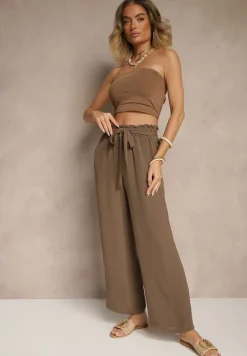 Ciemnobrązowe Spodnie z Wiskozą o Szerokim Kroju High Waist z Wiązaniem Ivelwia