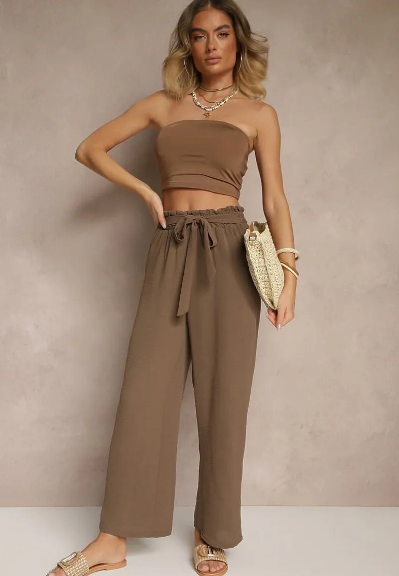 Ciemnobrązowe Spodnie z Wiskozą o Szerokim Kroju High Waist z Wiązaniem Ivelwia