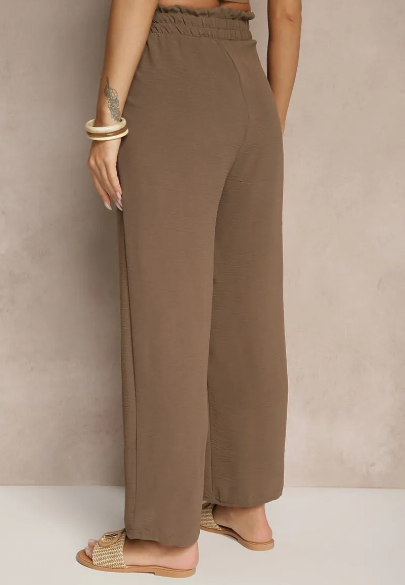 Ciemnobrązowe Spodnie z Wiskozą o Szerokim Kroju High Waist z Wiązaniem Ivelwia