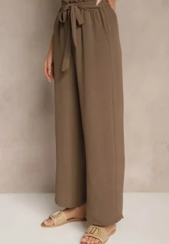 Ciemnobrązowe Spodnie z Wiskozą o Szerokim Kroju High Waist z Wiązaniem Ivelwia