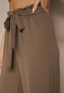 Ciemnobrązowe Spodnie z Wiskozą o Szerokim Kroju High Waist z Wiązaniem Ivelwia