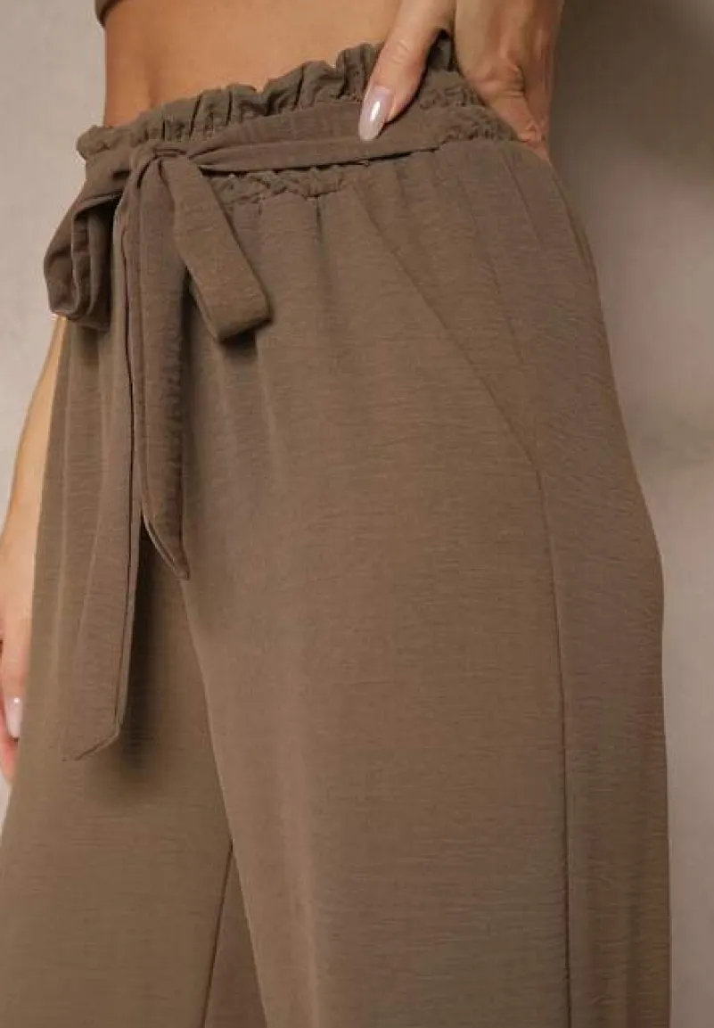 Ciemnobrązowe Spodnie z Wiskozą o Szerokim Kroju High Waist z Wiązaniem Ivelwia