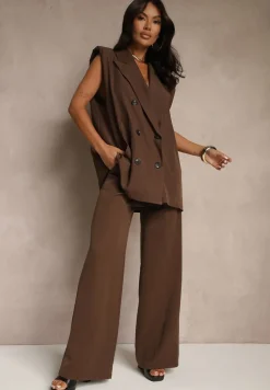 Ciemnobrązowe Szerokie Spodnie High Waist z Gumką w Pasie Eternel