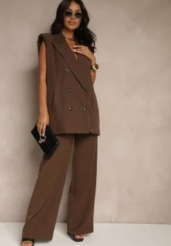 Ciemnobrązowe Szerokie Spodnie High Waist z Gumką w Pasie Eternel