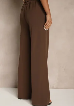 Ciemnobrązowe Szerokie Spodnie High Waist z Gumką w Pasie Eternel