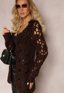 Ciemnobrązowy Ażurowy Kardigan z Wiązanym Paskiem Petrame