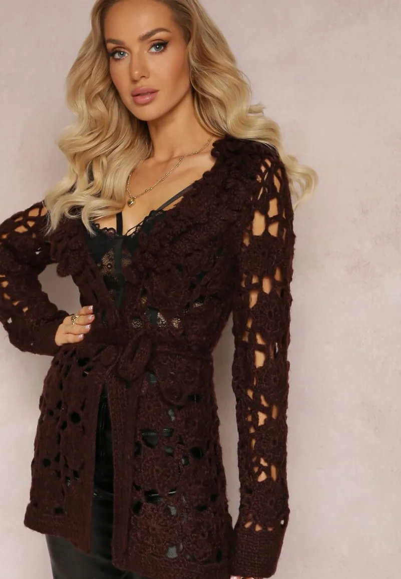 Ciemnobrązowy Ażurowy Kardigan z Wiązanym Paskiem Petrame