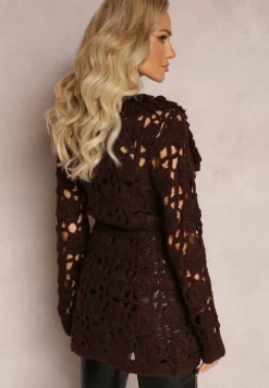 Ciemnobrązowy Ażurowy Kardigan z Wiązanym Paskiem Petrame