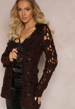 Ciemnobrązowy Ażurowy Kardigan z Wiązanym Paskiem Petrame