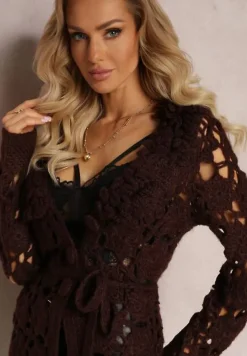 Ciemnobrązowy Ażurowy Kardigan z Wiązanym Paskiem Petrame