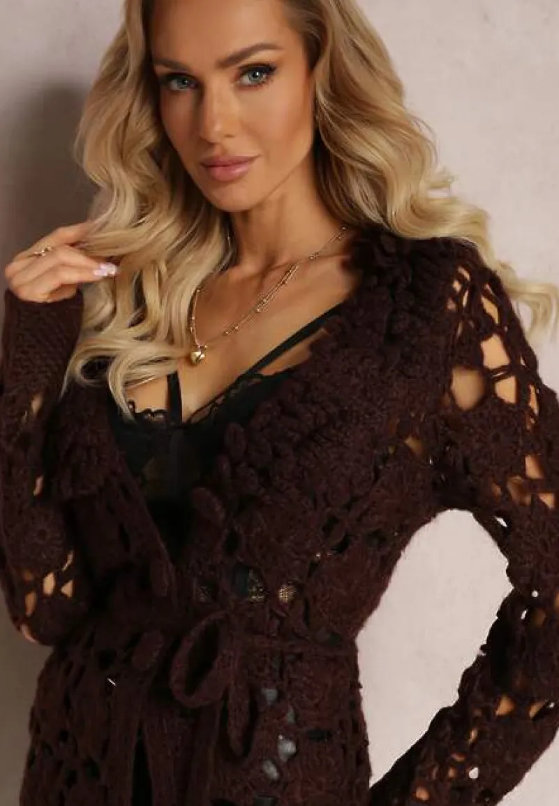 Ciemnobrązowy Ażurowy Kardigan z Wiązanym Paskiem Petrame