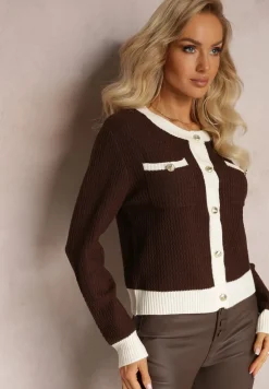Ciemnobrązowy Dopasowany Kardigan Zapinany na Guziki z Kieszeniami Bloblana