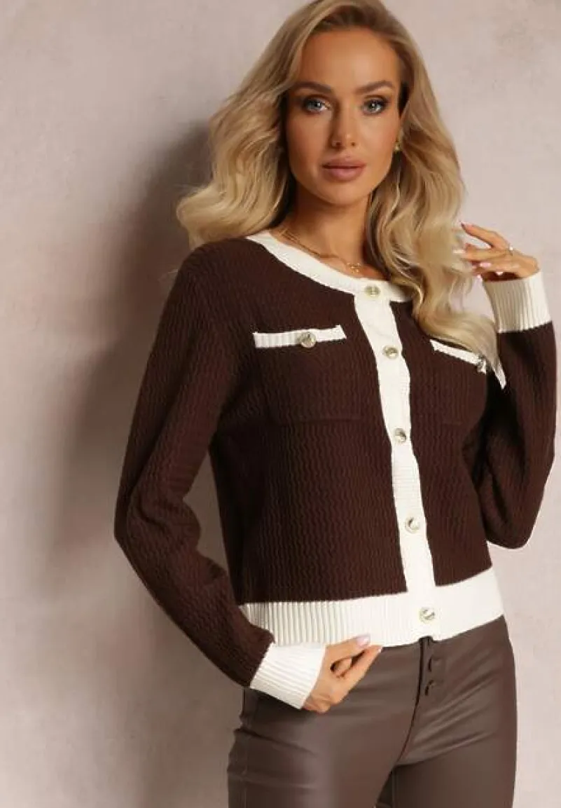 Ciemnobrązowy Dopasowany Kardigan Zapinany na Guziki z Kieszeniami Bloblana