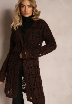 Ciemnobrązowy Luźny Kardigan Ażurowy na Guziki Sieneos