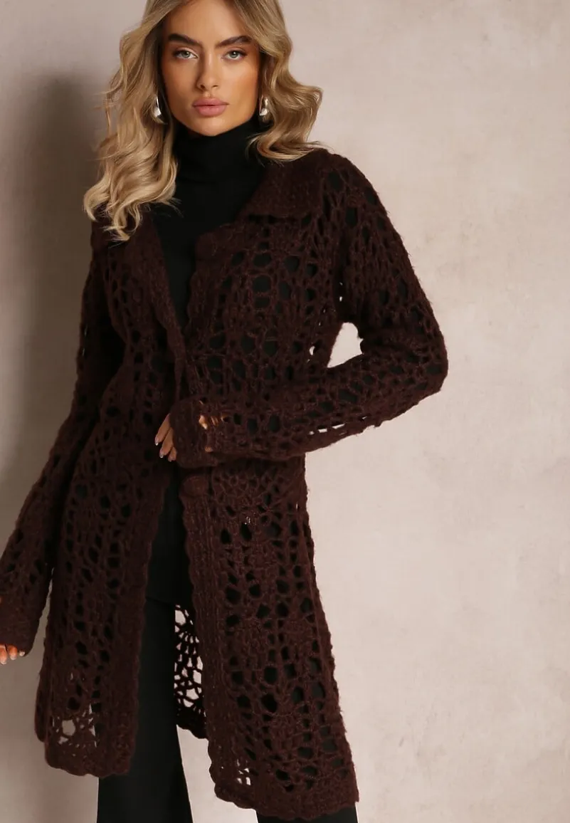 Ciemnobrązowy Luźny Kardigan Ażurowy na Guziki Sieneos
