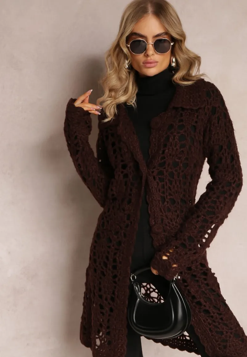 Ciemnobrązowy Luźny Kardigan Ażurowy na Guziki Sieneos